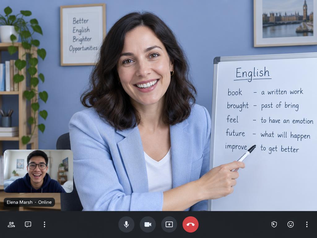 Elena Marsh teaching vocabulary on a whiteboard during a video lesson