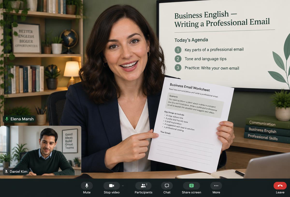Elena Marsh teaching a business English lesson at her desk